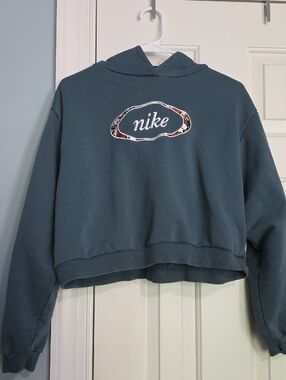 Nike Women's Teal Cropped Crewneck Hoodie with Embroidered Logo